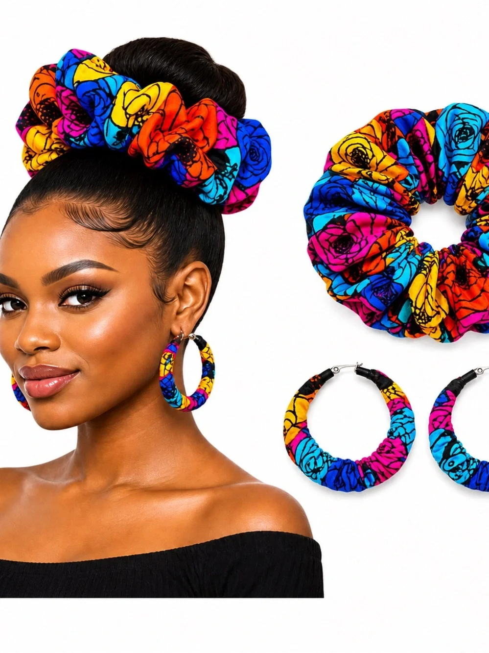 Handmade African Ankara Print Scrunchie & Hoop Earring Set | Blue Big Flower